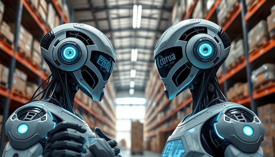 Robots with holographic displays in a modern warehouse for AI demand forecasting.