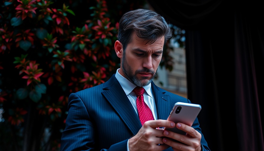 Man in suit checking phone amid Trump administration security breach.