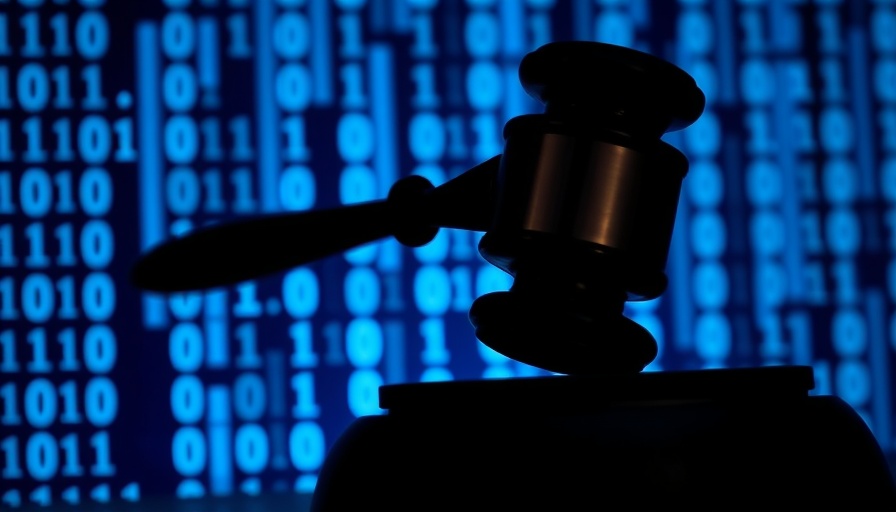 Silhouette of gavel on binary code background symbolizes AI copyright infringement.