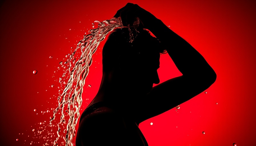 Silhouetted man pouring water on head, extreme heat symbolism, intense red background.