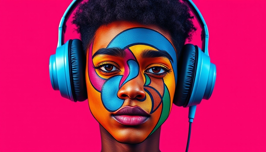 Abstract depiction of AI Slop Music with headphones, spiral face.