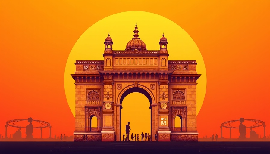 Gateway of India in digital art style with binary code overlay.