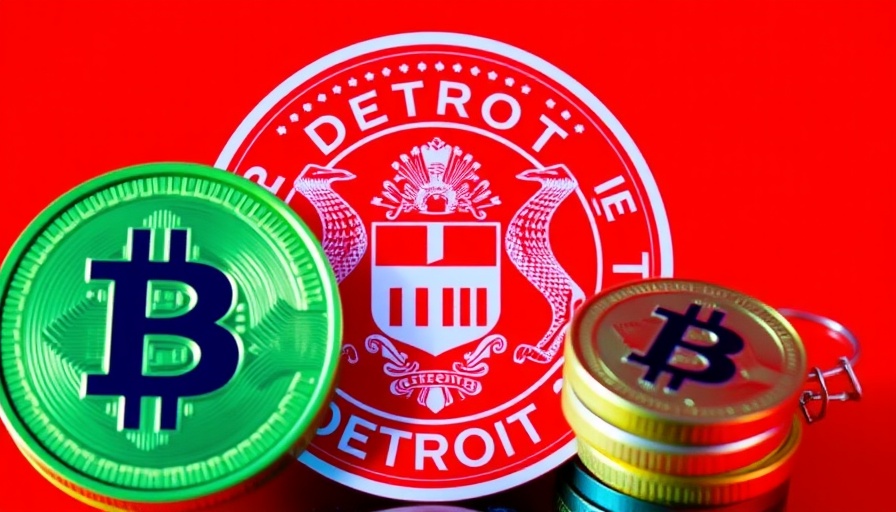 Detroit city seal and cryptocurrency symbols on red background.