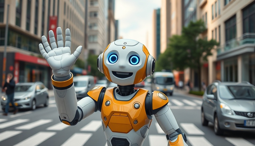Jake the Rizzbot gay themed robot waving on urban street.