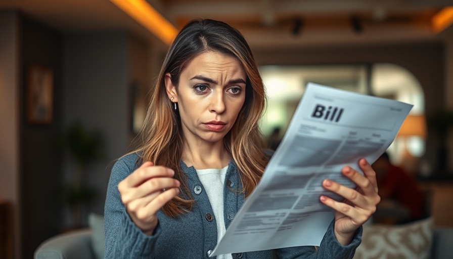Confused woman examines bill in modern room; AI data centers impact.