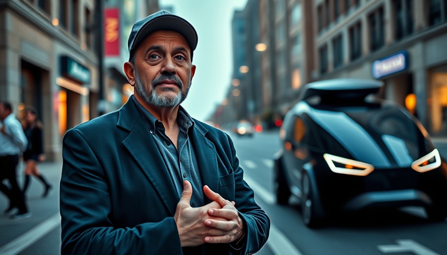 Portrait of a man in cap with futuristic autonomous vehicle on urban street.