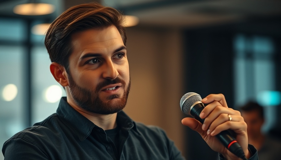 Confident man speaking into microphone at event, focused lighting
