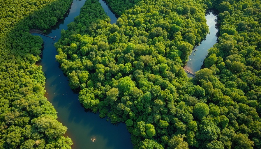 Dense mangrove forest and waterways highlighting unaccounted greenhouse gases.