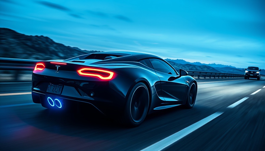 Tesla Roadster downforce technology blueprint on highway.