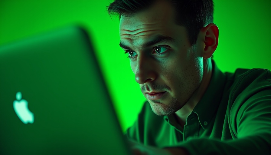 Surreal image of a man with a distorted face using a laptop, green glow.
