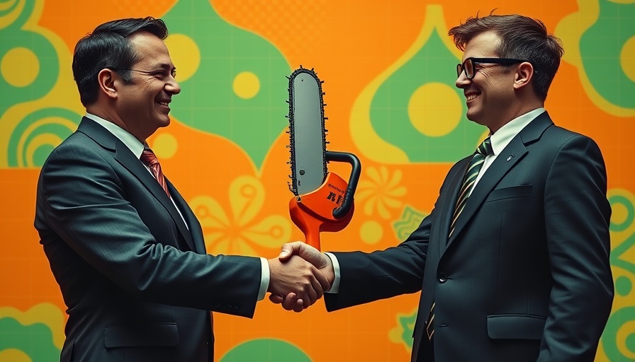 Surreal handshake scene with chainsaw and colorful grid background.
