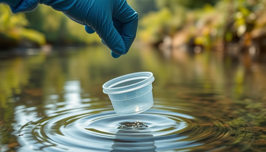 Hand in blue glove collecting water from river with green woods.