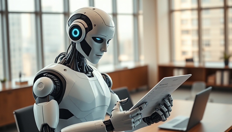 Futuristic robot auditing compliance documents in an office setting.