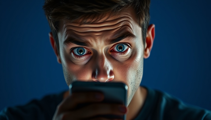 Worried man looking at phone in dark room, blue backdrop.