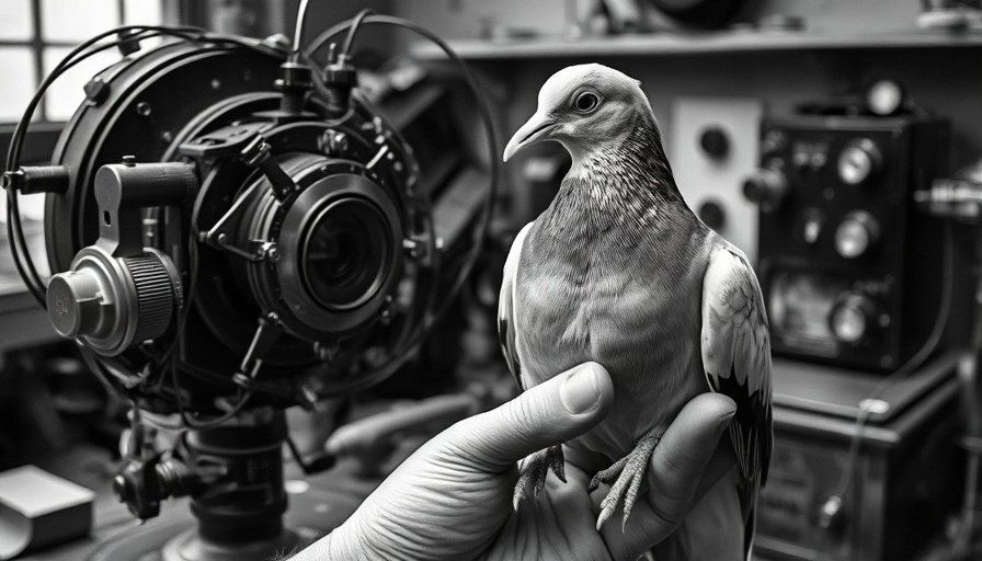 Vintage image showing pigeon's role in developing AI with mechanical device.