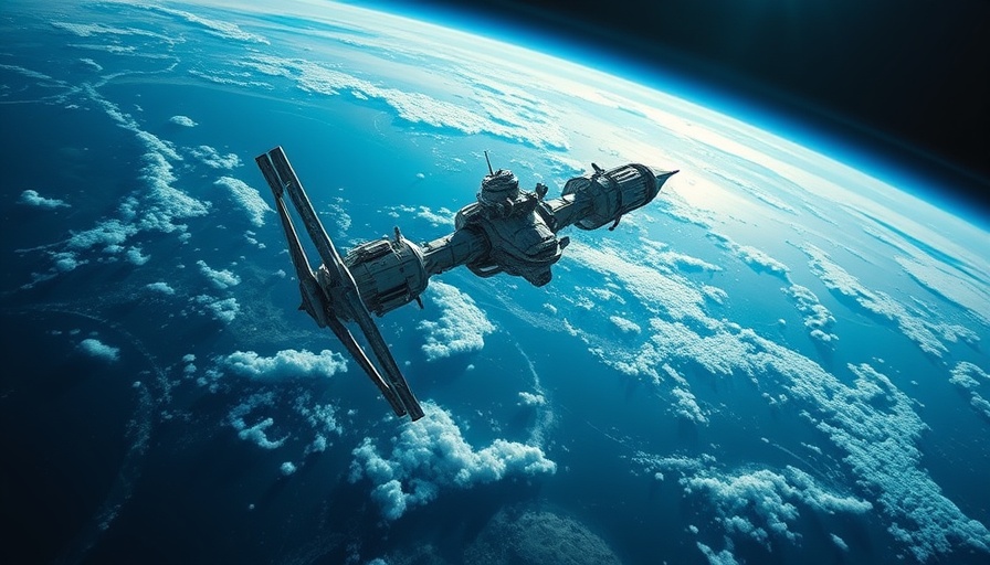 Futuristic space station orbiting Earth, AI chatbot in space theme.