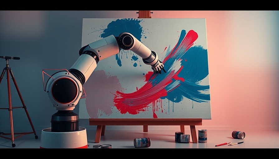 Futuristic robotic arm in an AI creativity process, painting abstractly.