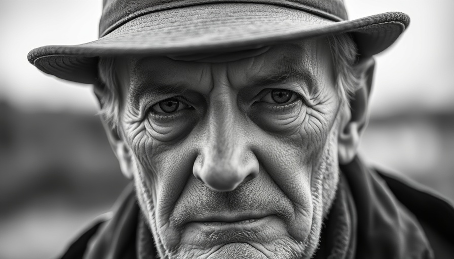 Close-up black and white portrait of a thoughtful man.