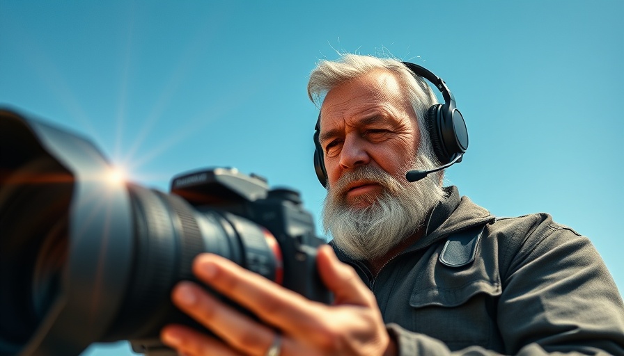 Image of a man with headphones holding a camera under the open sky.