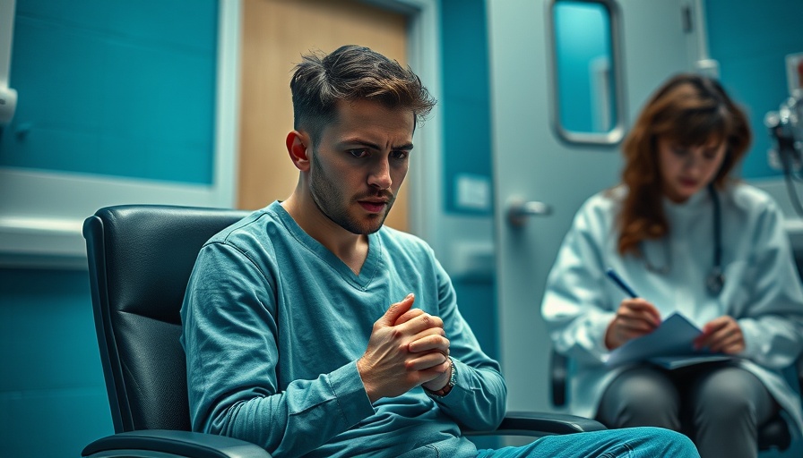 Anxious man in clinic waiting room highlighting men's health crisis.