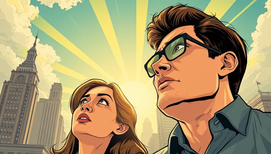 Vintage comic illustration of a couple looking up worried about AI security issues.