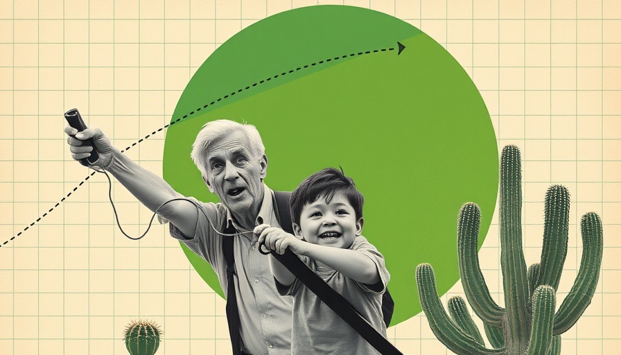 Creative collage of a surprised man and child with slingshot against a grid.