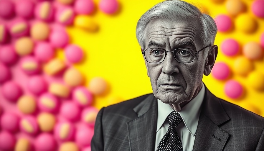 An older man in a suit against a background of pink pills, illustrating SSRIs and mental health policy.