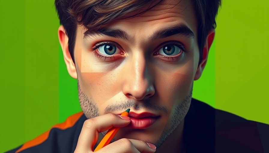 Abstract portrait of a person thinking with pencil, vibrant geometric design.