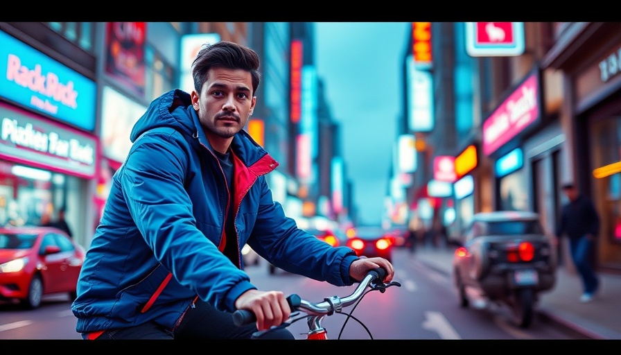 AI-generated colorful fashion ad with model in blue jacket.