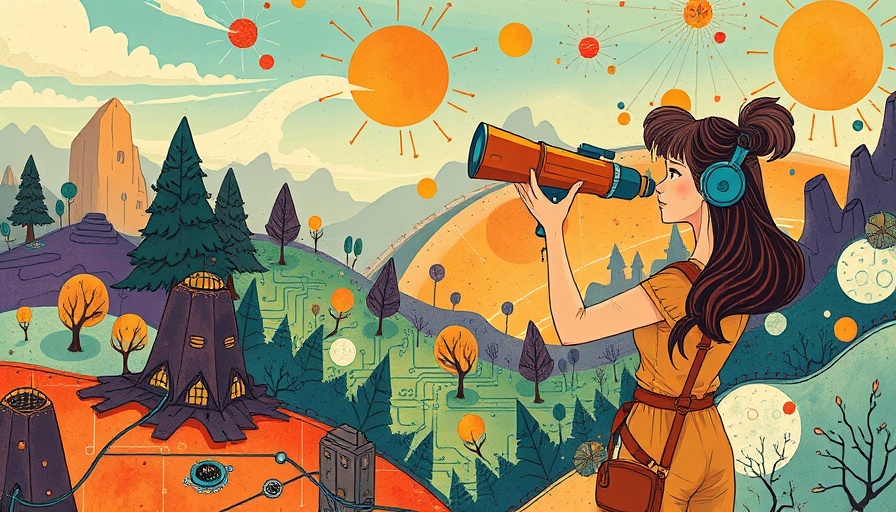 Abstract art of a telescope-wielding woman exploring innovation themes.