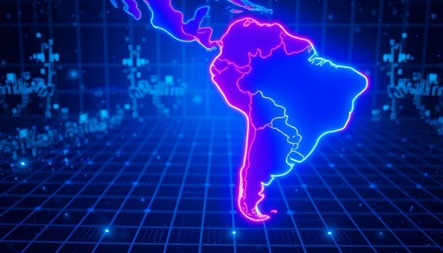 Digital map of Latin America with neon glow, Latam-GPT AI Model.