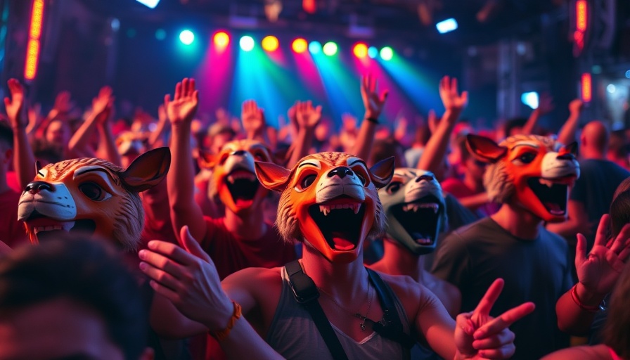 AI-generated concert video with masked crowd