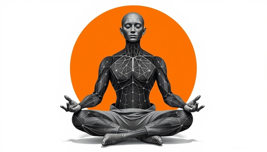 Abstract meditative figure with AI elements, sentient AI and spirituality.