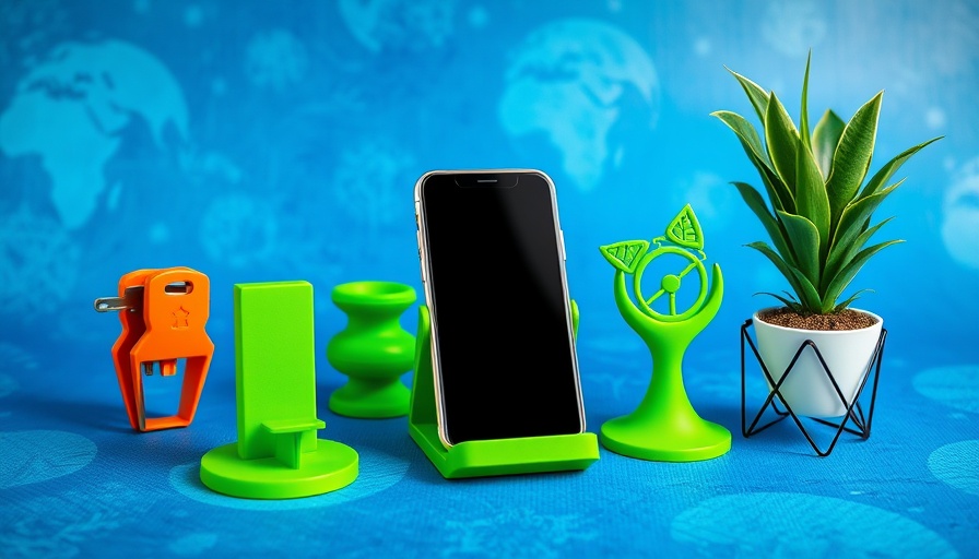 Sustainable 3D printed objects on blue background.