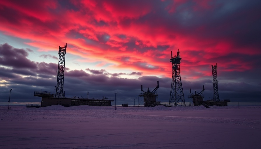 Surreal Antarctic research station with dramatic red sky.