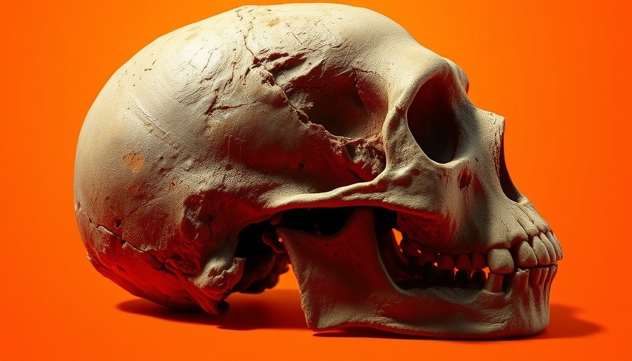 Petralona skull discoveries in artistic rendering with orange background
