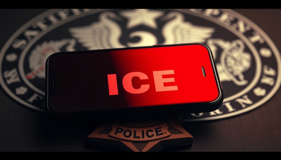 Red-filtered smartphone over ICE badge, digital contrast, ICE spyware access concept.