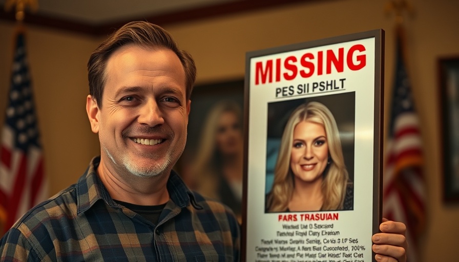Man smiles beside a missing poster, sharing mental health news.