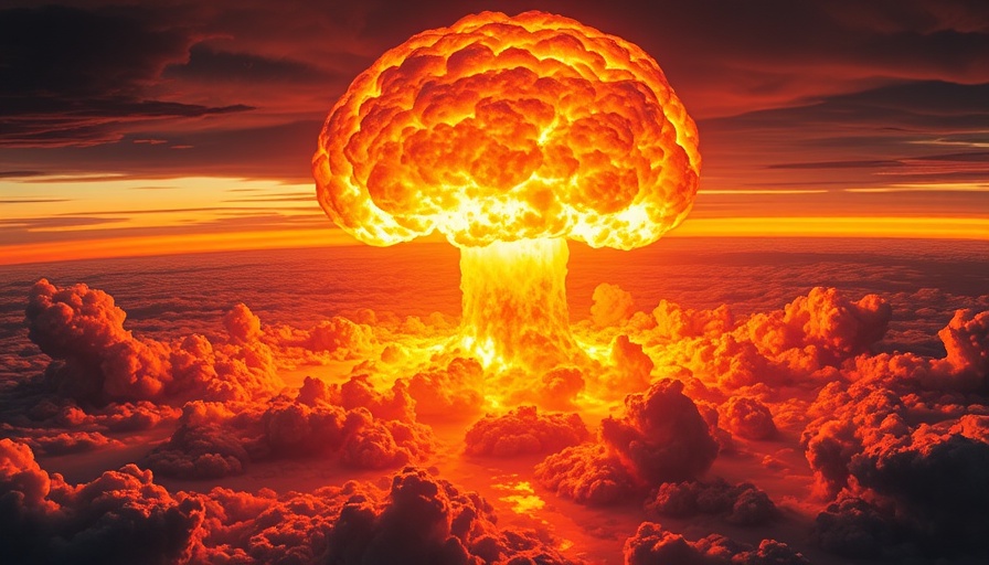 Fiery nuclear explosions with dramatic clouds representing AI nuclear war escalation.