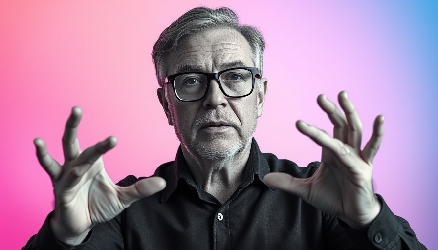 Portrait of a man gesturing with vibrant gradient background, Machine Consciousness in AI