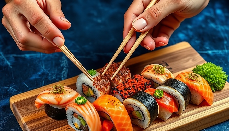 Assorted sushi on wooden board with hands using chopsticks, vibrant layout.