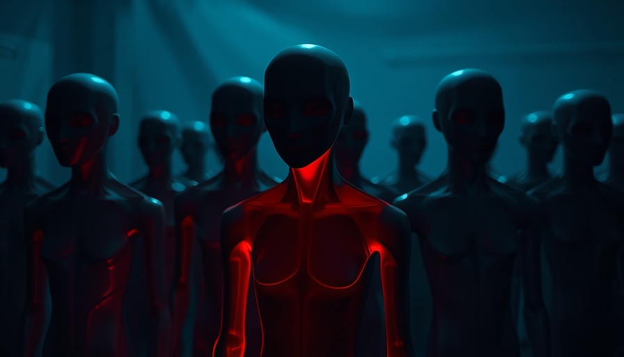 Abstract humanoid figures with one highlighted in red, symbolic of Google AI training human labor.