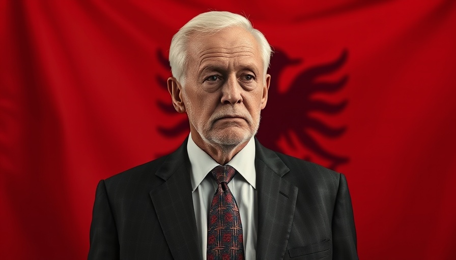 AI government official in front of Albanian flag