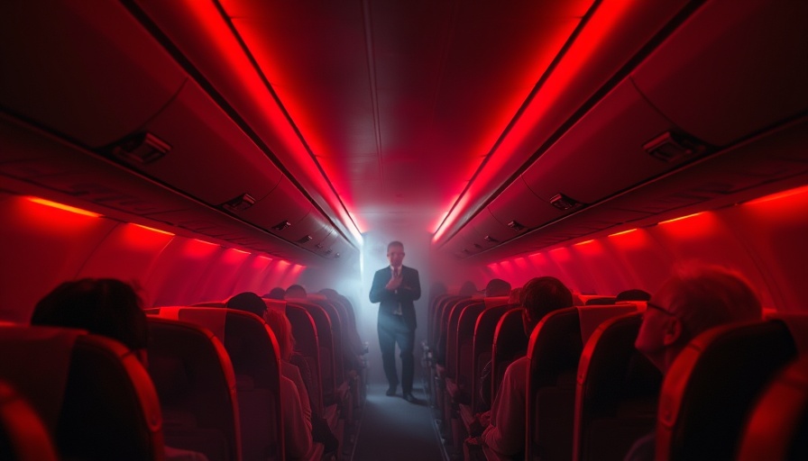 Neurotoxic gases filling a commercial airplane cabin, seated passengers amid smoke.