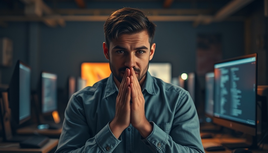 Vibe Coding Fix: Desperate programmer seeking help in dim office.