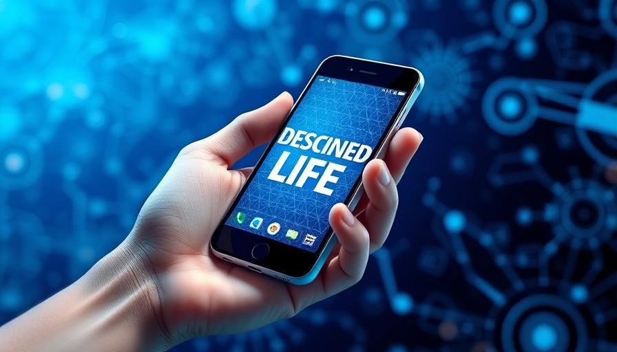 Futuristic hand with smartphone, AI-designed viruses theme.