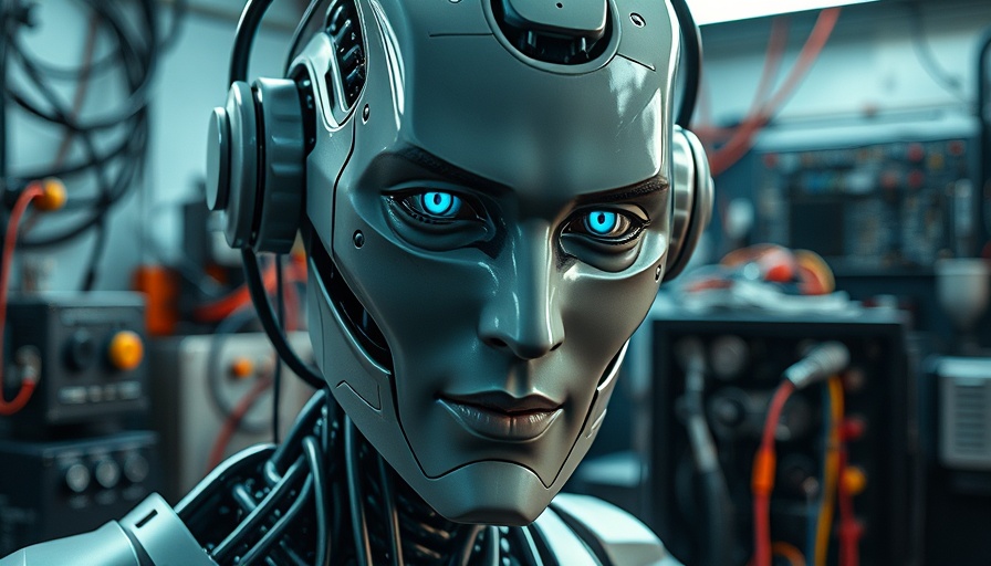 Humanoid robot with neutral expression in a workshop.