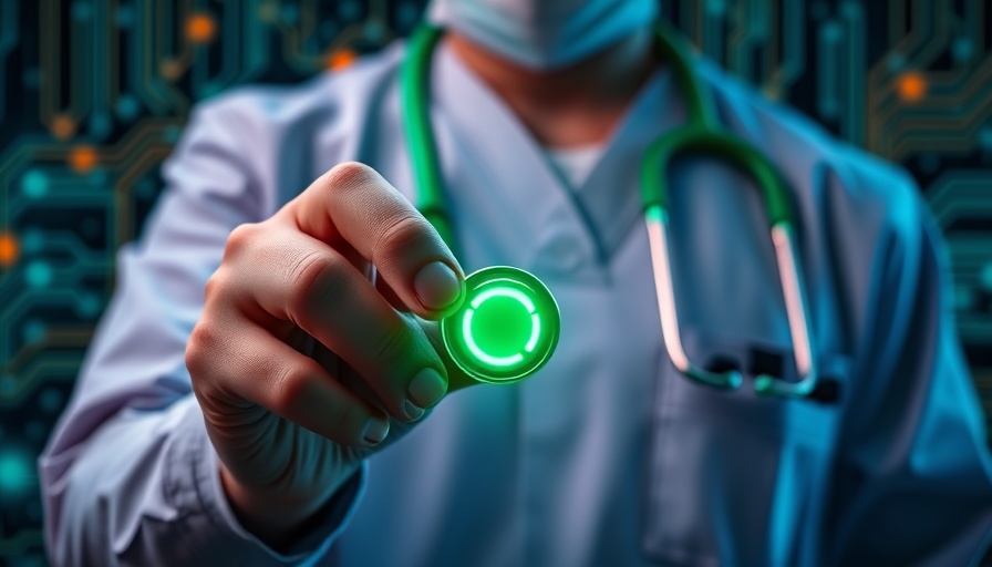 Futuristic green stethoscope in AI healthcare setting, glowing effect.