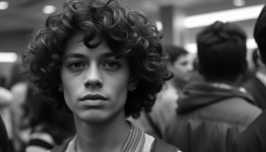 Black and white portrait of a person at an event.