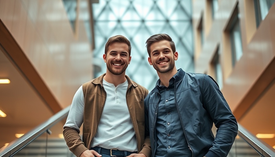 Smiling men in a building with geometric designs, AI for Math grants.